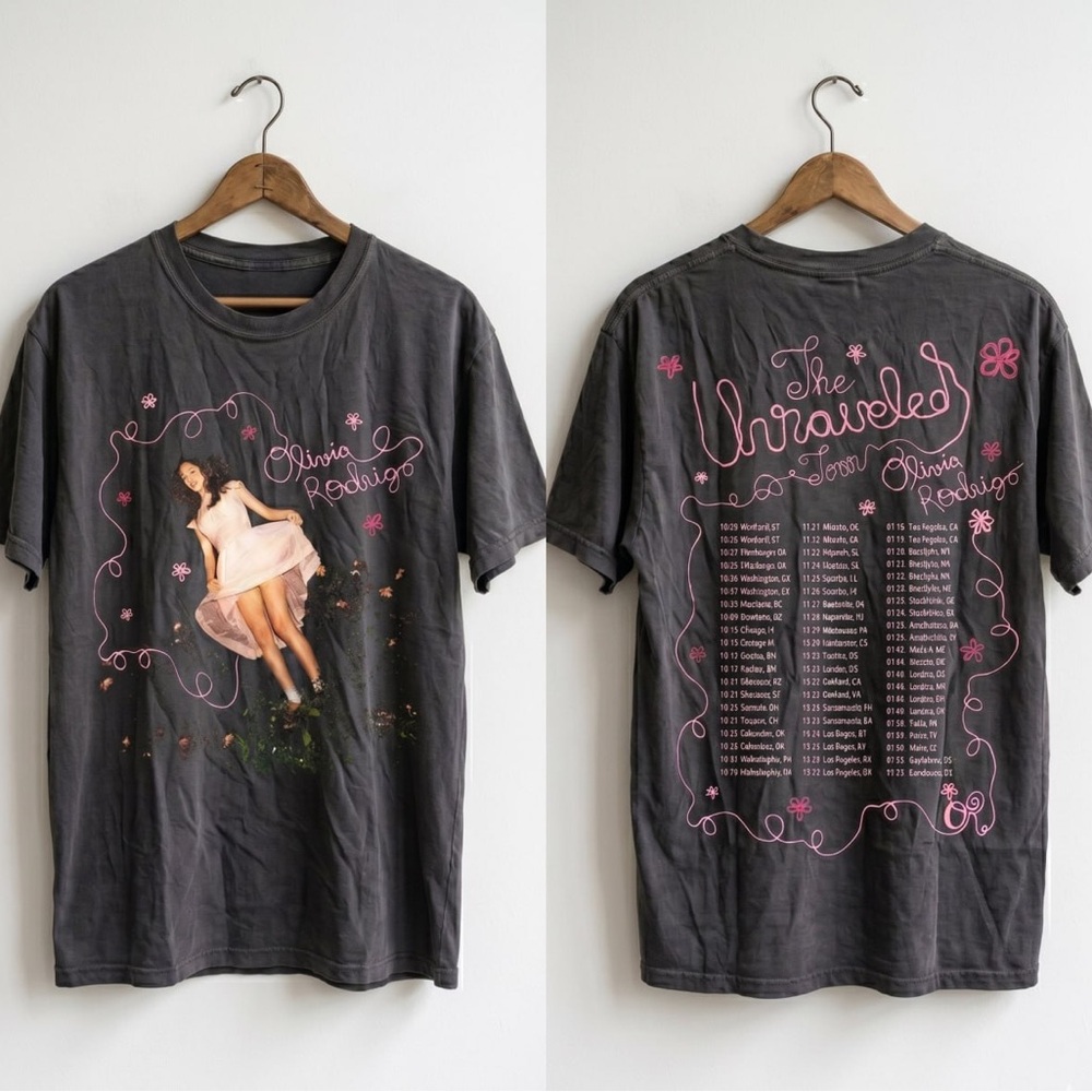 Olivia Rodrigo 'The Unravelled' Tour  2026 T-shirt - Charcoal with Pink Graphics